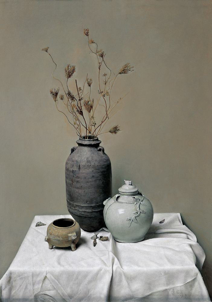 袁宗寶寫實(shí)油畫靜物作品《陶罐》