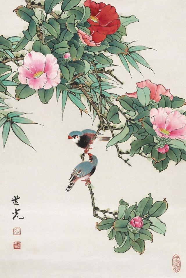 國畫工筆花鳥畫《桃花福壽》(鏡心)作者田世光