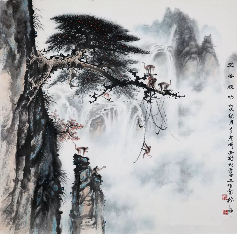 圖為“嶺南畫派”著名畫家羅樹輝先生的國畫松樹作品《空谷猿鳴》
