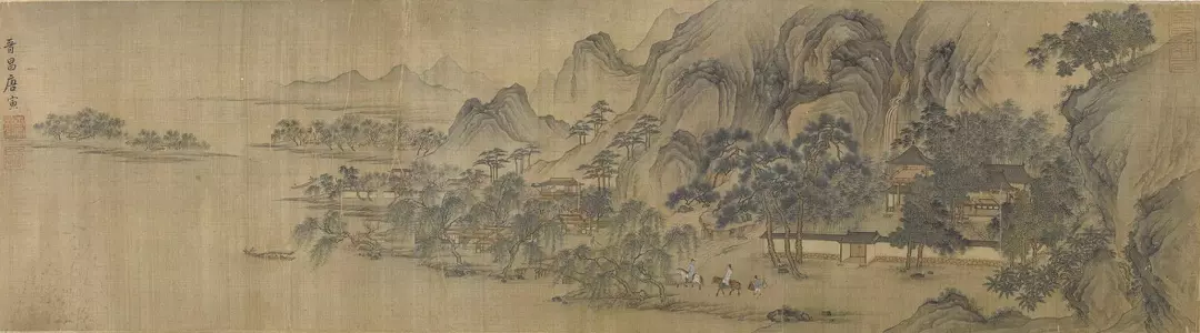 唐寅 水村行旅圖 唐寅 水村行旅圖 絹本設(shè)色 31.4×115.2cm 美國印第安納波利斯藝術(shù)博物館
