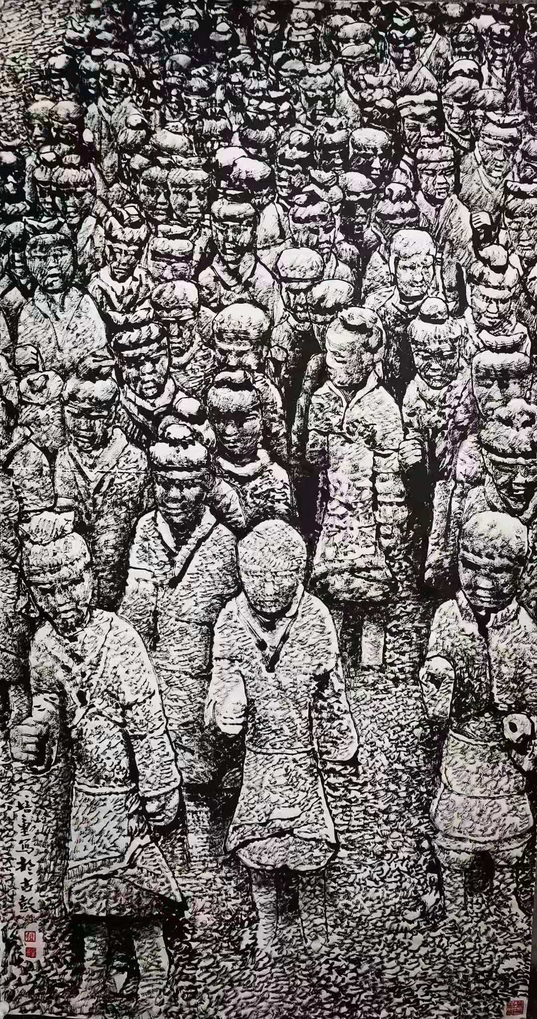 馬培童焦墨刻石皴法漢兵馬俑圖1