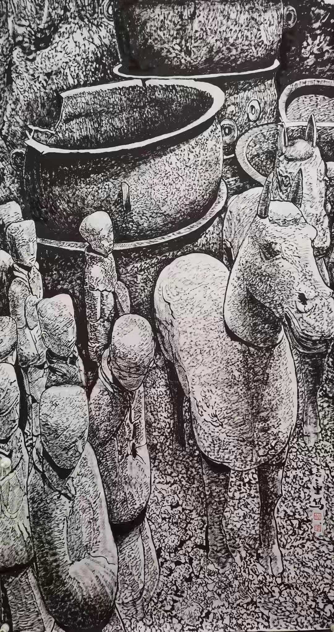 馬培童焦墨刻石皴法漢兵馬俑圖5