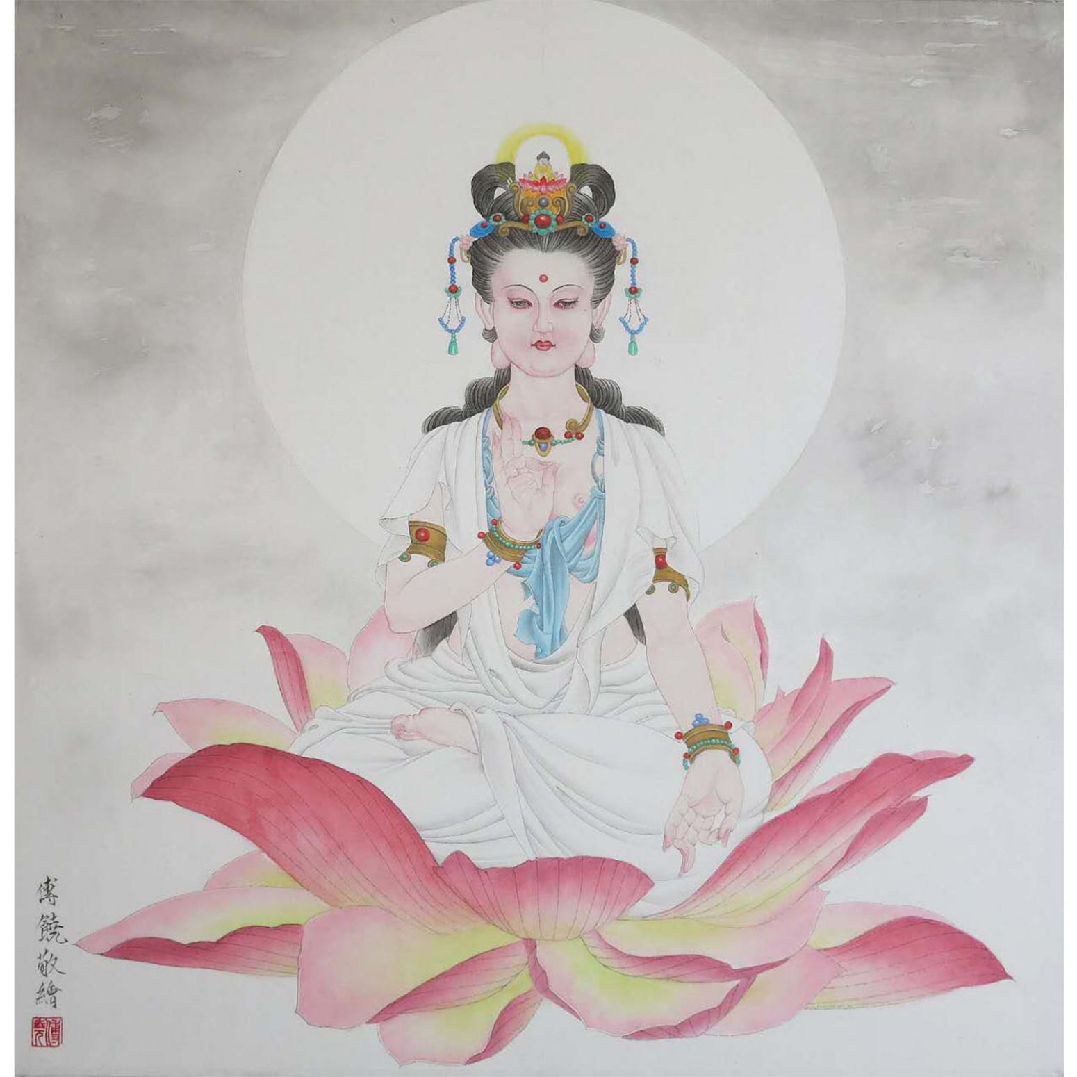 傅饒國畫作品《【觀音坐蓮】作者傅饒》