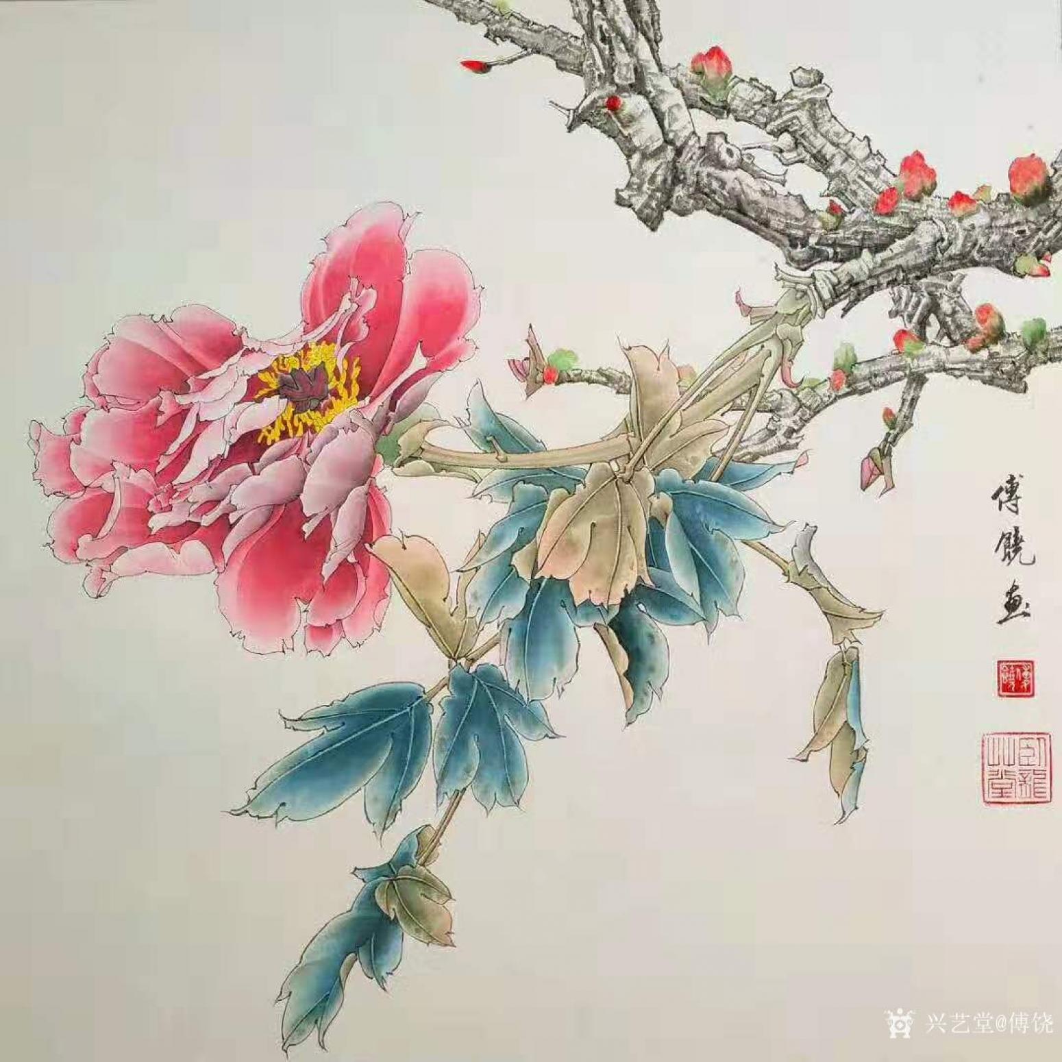 傅饒國畫作品《工筆花鳥牡丹(二)》