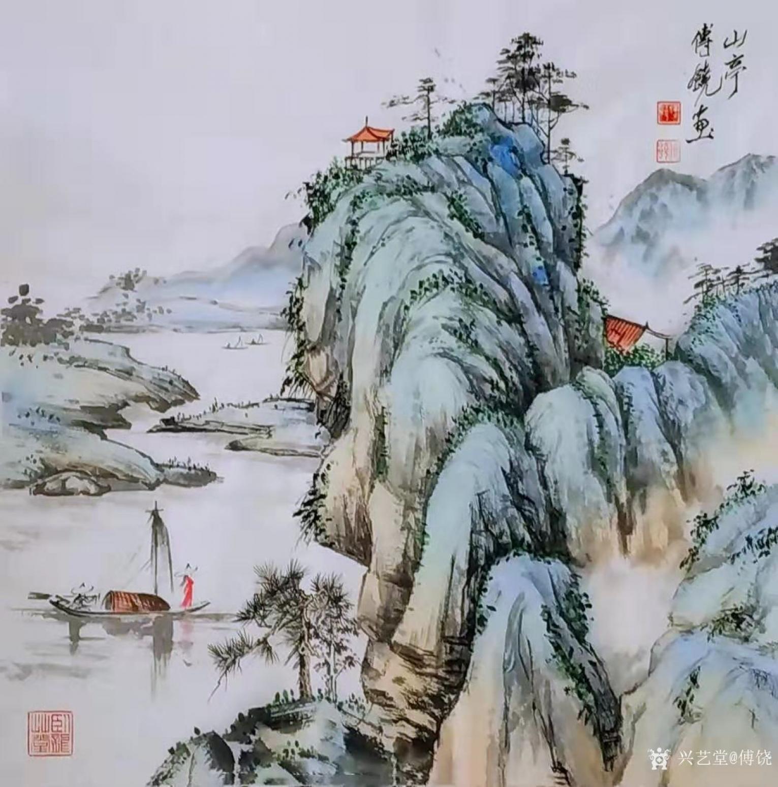傅饒國畫作品《彩墨山水畫-山亭》