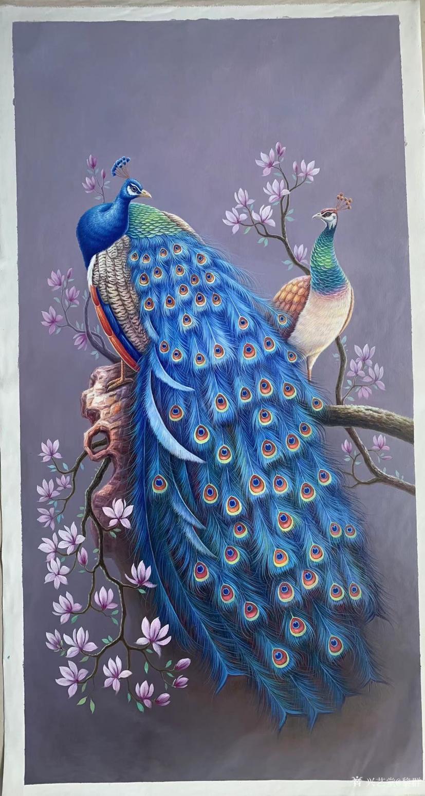黎群油畫作品《孔雀棲息圖》