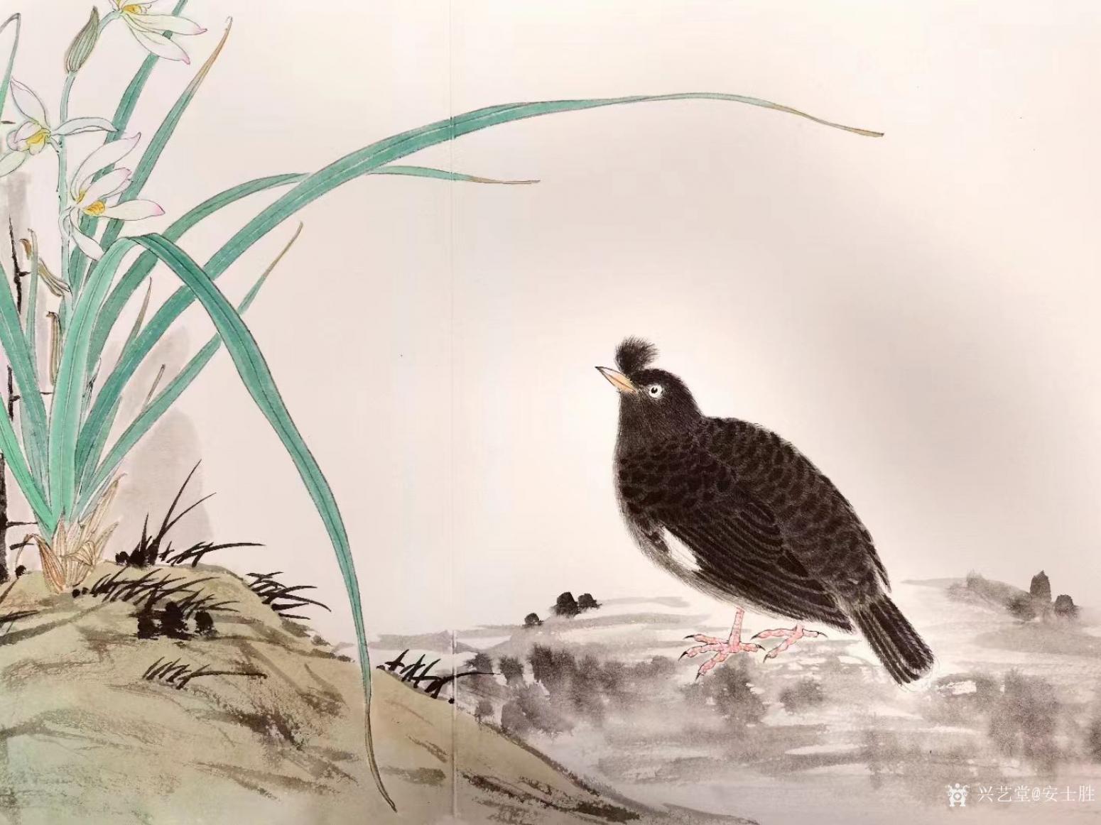 安士勝國畫作品《花鳥-水仙八哥》