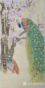 劉永紅國畫作品-《工筆花鳥孔雀櫻花》